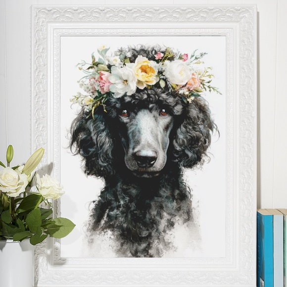 Watercolor Black Poodle with Flowers Crown Portrait Wall Art Print - Unframed - Picture 6 of 6